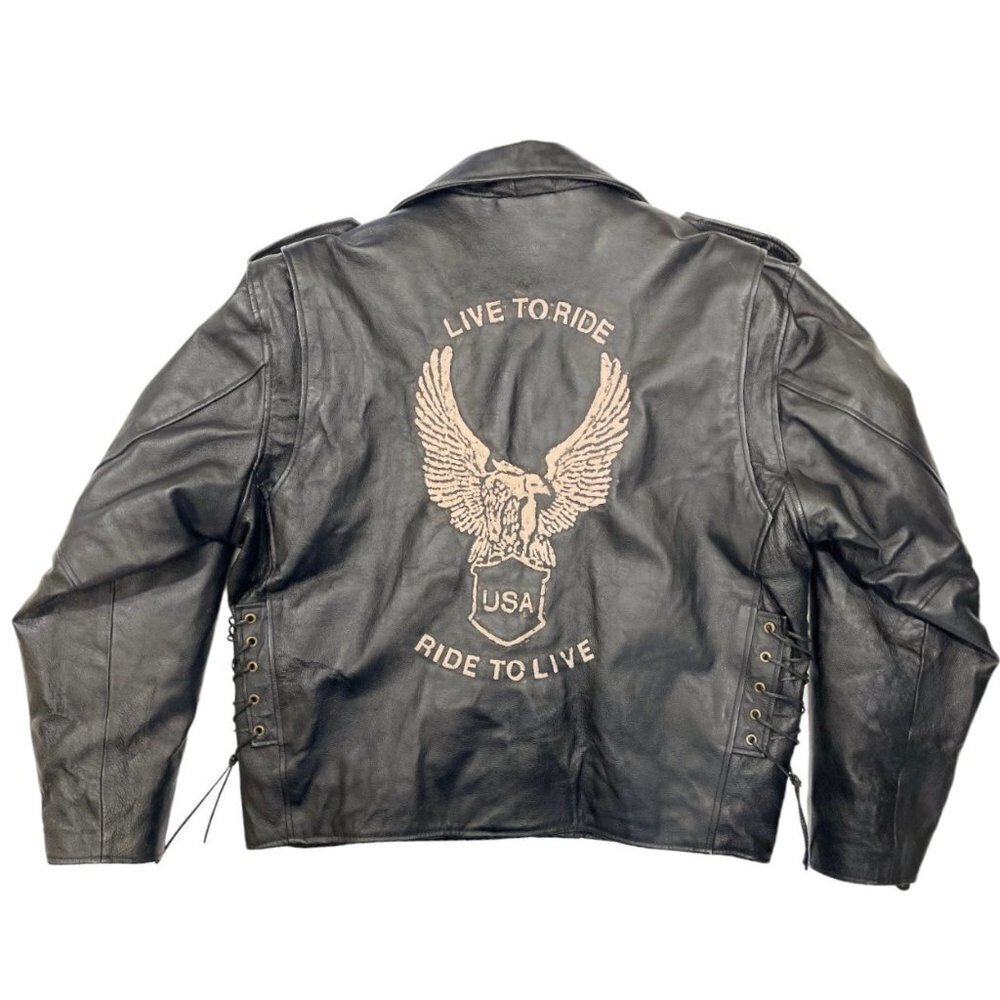 Vintage 90s-y2K Leather Biker Jacket w/Eagle "Live to Ride" Black Zip Out Liner